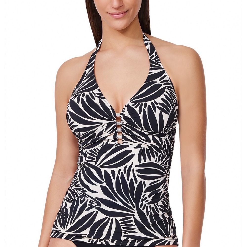 Gottex Come Back Printed Halter Tankini Top Black White Leaf Size 6 E26091B88